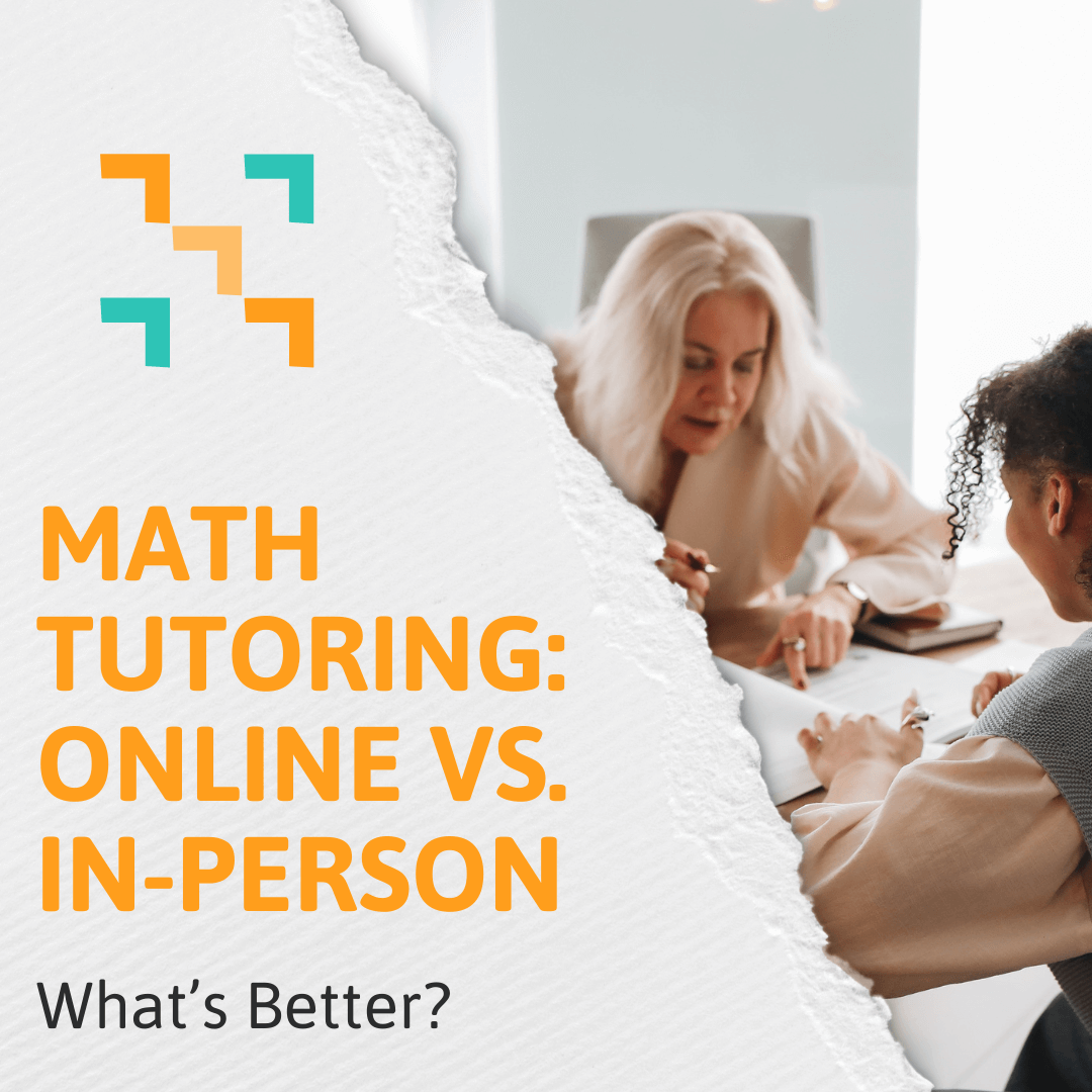 A picture of a tutor working with a student on math problems with a blog title that reads "Math Tutoring Online Vs. In-Person. What's Better?"