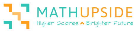 A blue and orange colored logo for MathUpside that reads "MathUpside: Higher Scores ^ Brighter Future".